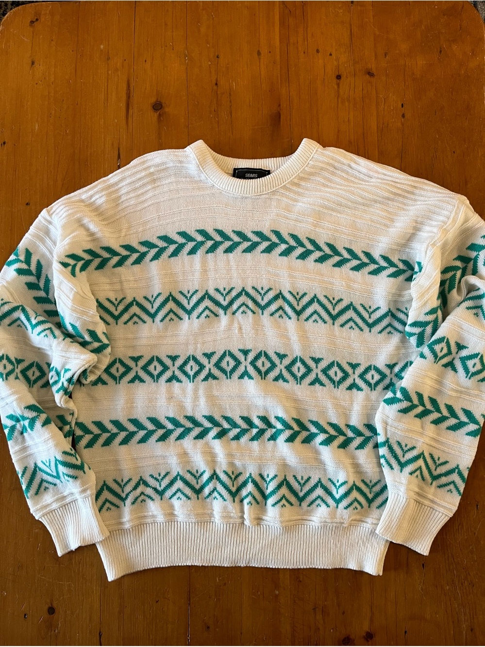 Sears the Men’s Store 1980s Acrylic White and Teal Aztec/Fair Isle Pattern Retro